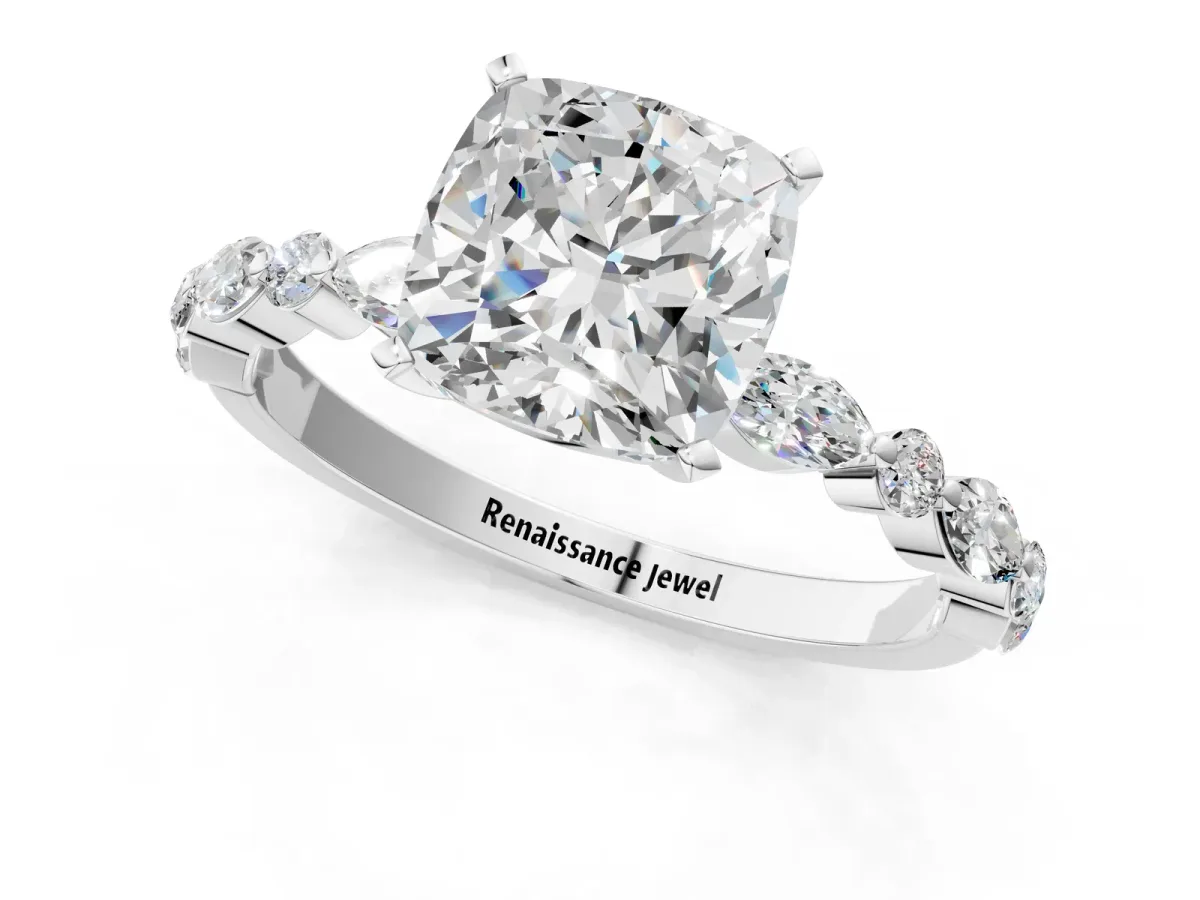 Cushion Cut Diamond Ring with Marquise and Round Moissanite Side Stones and Four-Prong Setting White gold