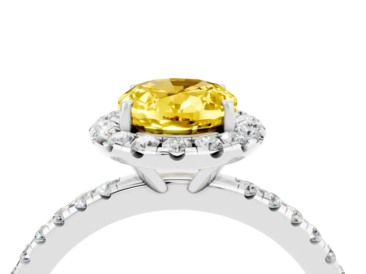 Oval Cut Yellow Sapphire Halo Ring with Round Pavé Band and Prong Setting White gold