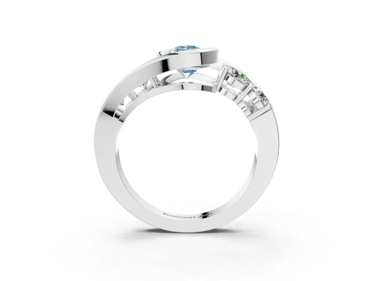 Fancy Blue Bezel Set Pear Cut Diamond Bypass Ring with Round Accents Platinum