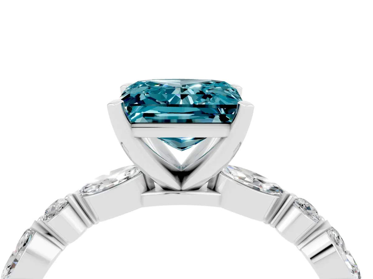 Princess Cut Blue Topaz Ring with Marquise and Round Side Stones and Four-Prong Setting White gold