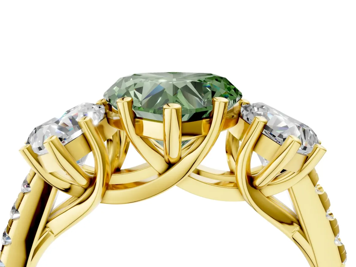 Fancy Green Three-Stone Heart Cut Diamond Ring with Round Pavé Band and Prong Setting Yellow gold