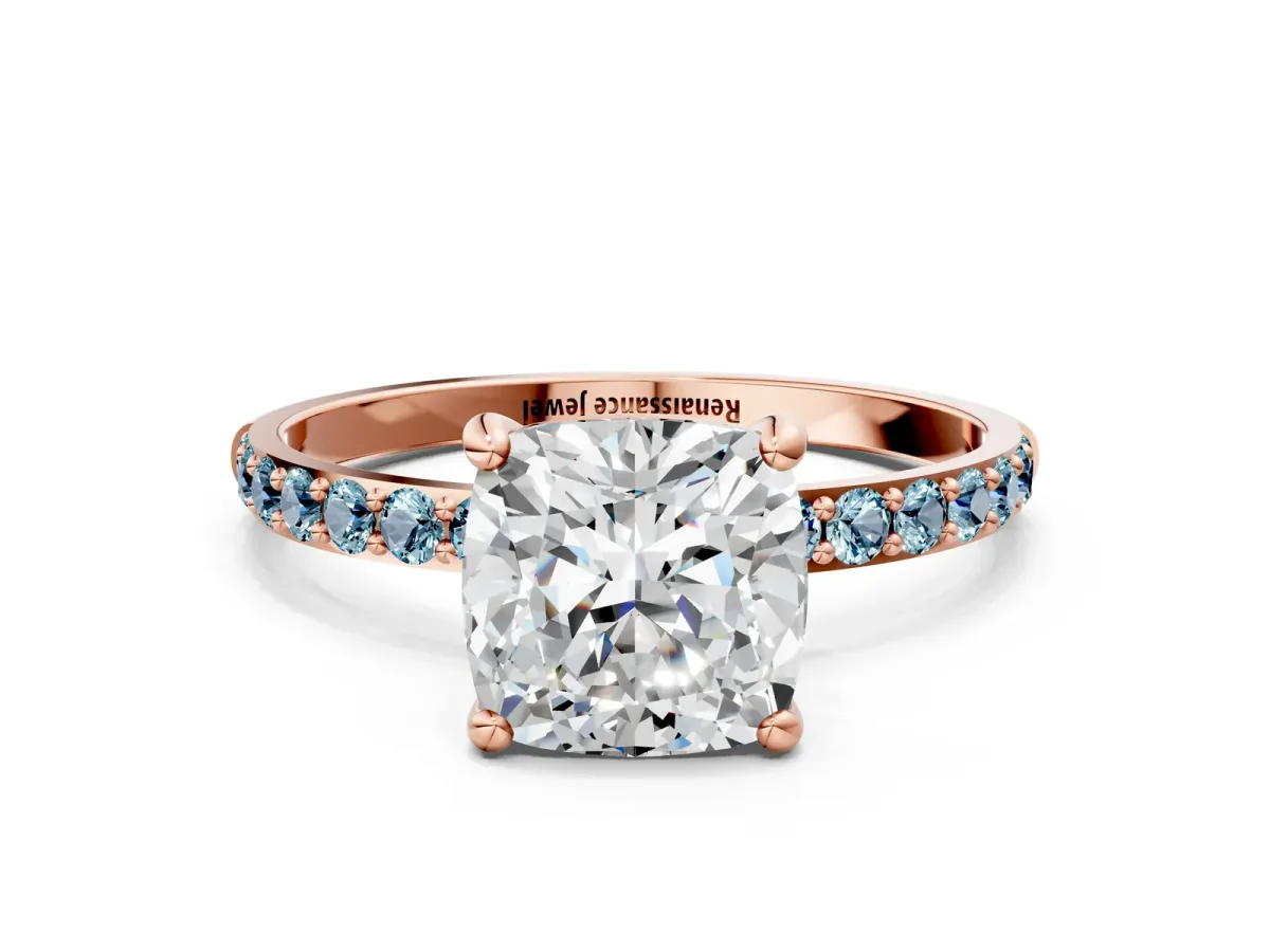 Cushion Cut Diamond Solitaire Ring with Round Aquamarine Pavé Band and Prong Setting Rose gold