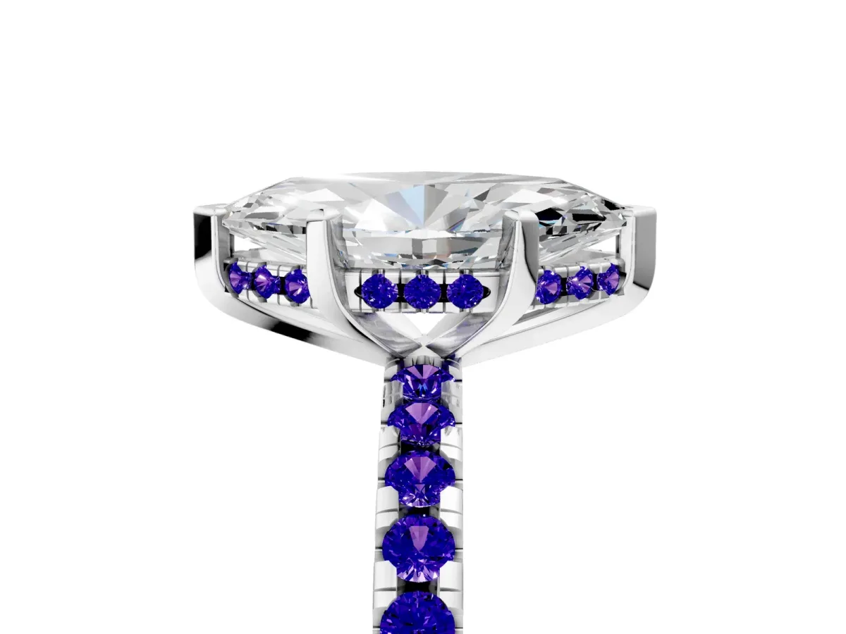 Marquise Cut Diamond Solitaire Ring with Round Tanzanite Pavé Band and Four-Prong Setting White gold