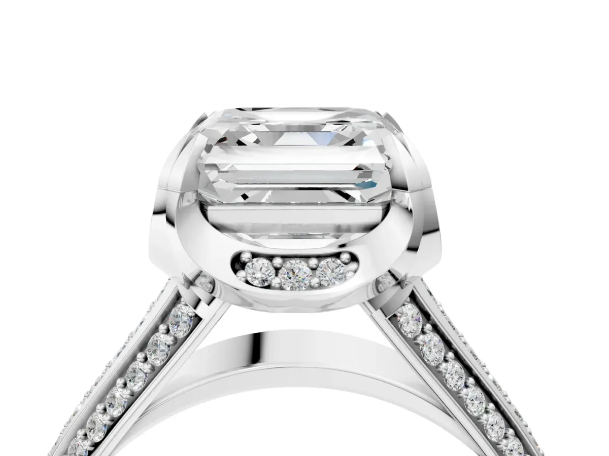Asscher Cut Solitaire Pave Split Shank Ring with Four-Prong Setting Platinum