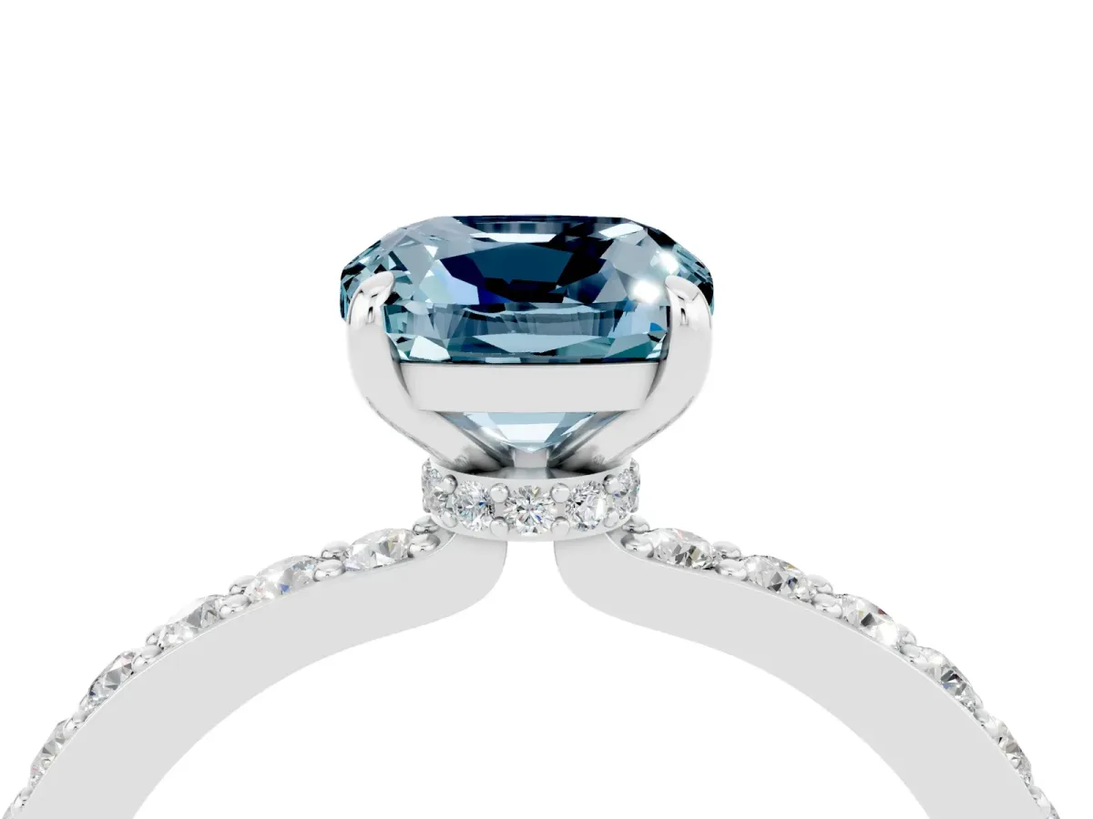 Cushion Cut Aquamarine Pavé Engagement Ring with Round Accents and Prong Setting Platinum