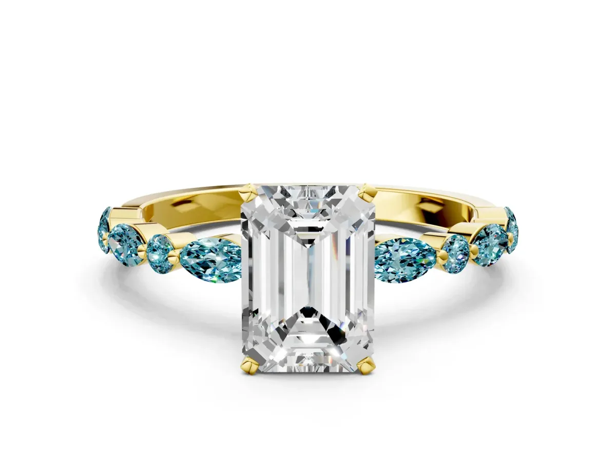 Emerald Cut Diamond Ring with Marquise and Round Blue Topaz Side Stones and Four-Prong Setting Yellow gold
