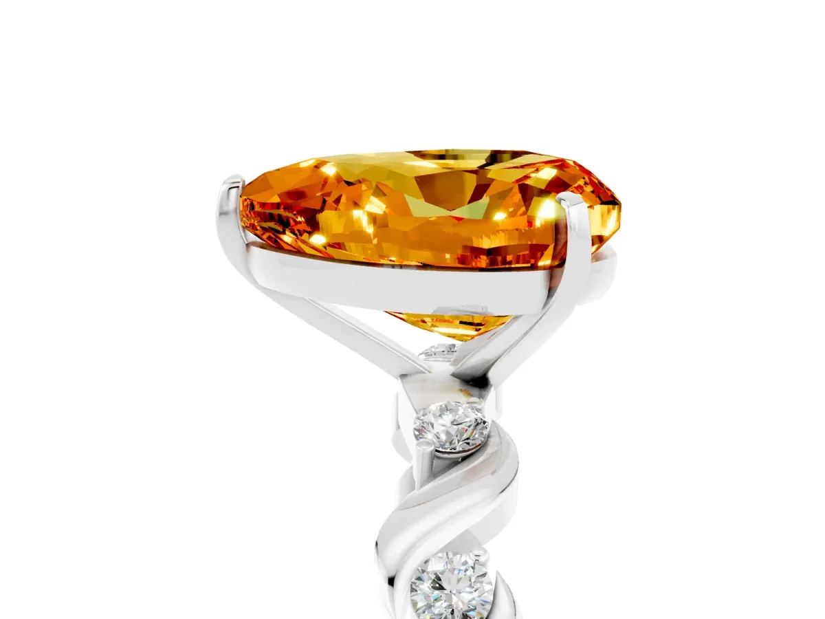 Heart Cut Citrine Solitaire Twisted Band with Round Accents and Prong Setting White gold
