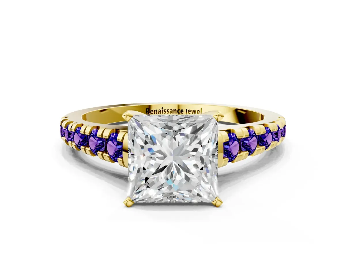 Princess Cut Diamond Cathedral Solitaire Ring with Round Tanzanite Pavé Band Yellow gold