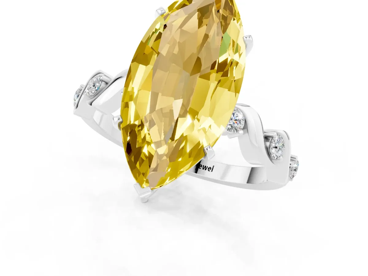 Marquise Cut Yellow Sapphire Solitaire Twisted Band with Round Accents and Prong Setting Platinum