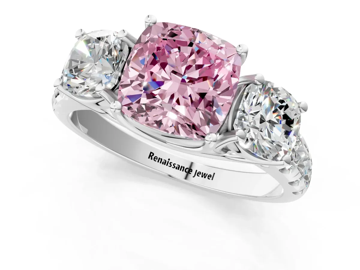 Fancy Pink Three-Stone Cushion Cut Diamond Pavé Band with Prong Setting Platinum