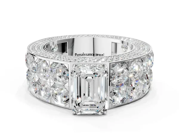 Emerald Cut Diamond Radiant Pavé Mens Ring Silver