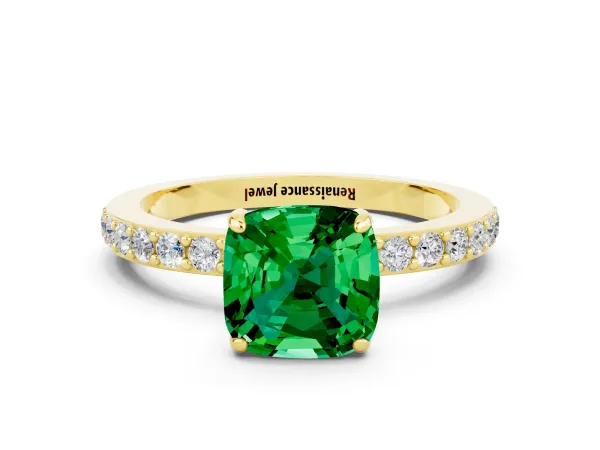 Cushion Cut Emerald Solitaire Engagement Ring with Pavé Band and Four-Prong Setting Yellow gold