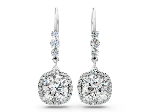 Cushion Diamond Drop Earrings with Trillion Diamond Accents and Round Halo Platinum
