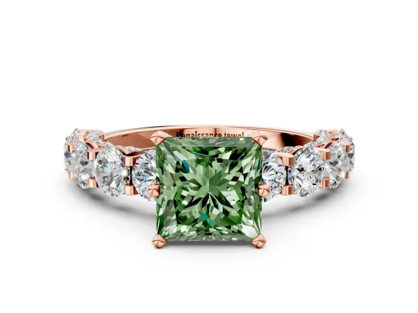 Fancy Green Princess Cut Diamond Side Stone Engagement Ring with Four-Prong Setting Rose gold