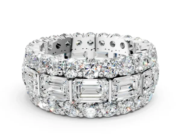 Emerald Cut and Round Diamond Three-Row Eternity Mens Band White gold
