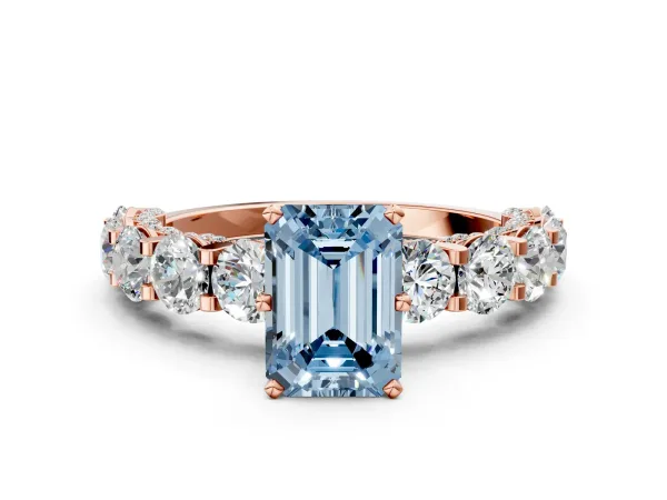 Fancy Blue Emerald Cut Diamond Side Stone Engagement Ring with Four-Prong Setting Rose gold