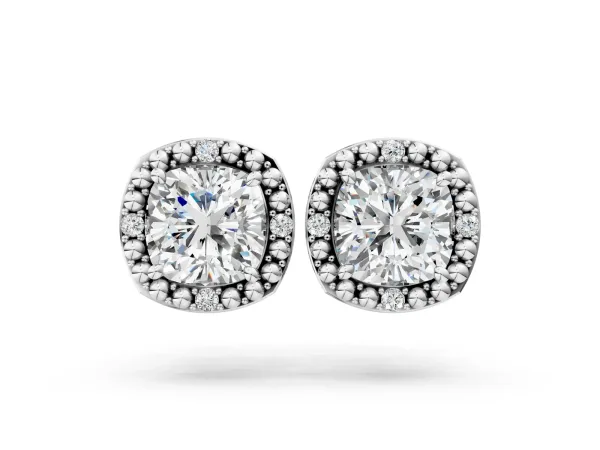 Cushion Diamond Beaded Halo Stud Earrings Silver