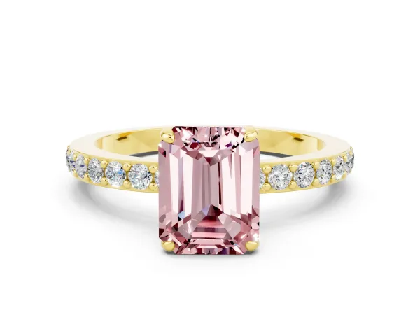 Emerald Cut Morganite Solitaire Engagement Ring with Pavé Band and Four-Prong Setting Yellow gold