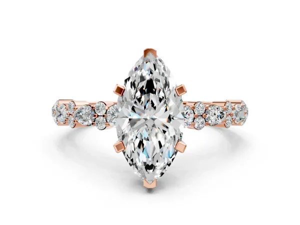 Marquise Cut Diamond Side Stone Solitaire Ring with Round Moissanite and Four-Prong Setting Rose gold