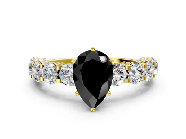Fancy Black Pear Cut Diamond Side Stone Engagement Ring with Four-Prong Setting Yellow gold