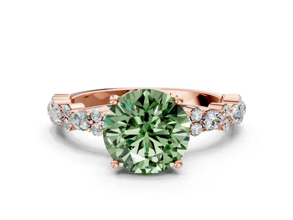 Fancy Green Round Cut Diamond Side Stone Solitaire Ring with Round and Four-Prong Setting Rose gold
