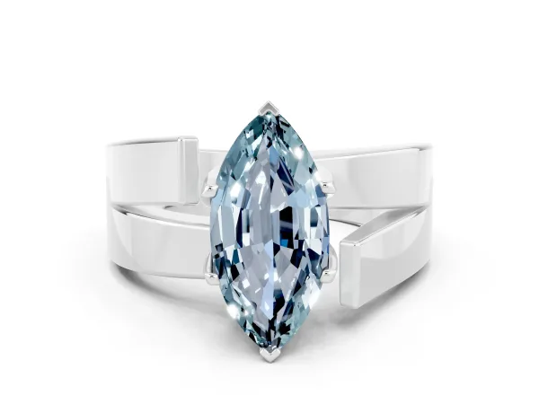 Modern Tension Set Marquise Cut Aquamarine Solitaire Wide Band Ring Platinum