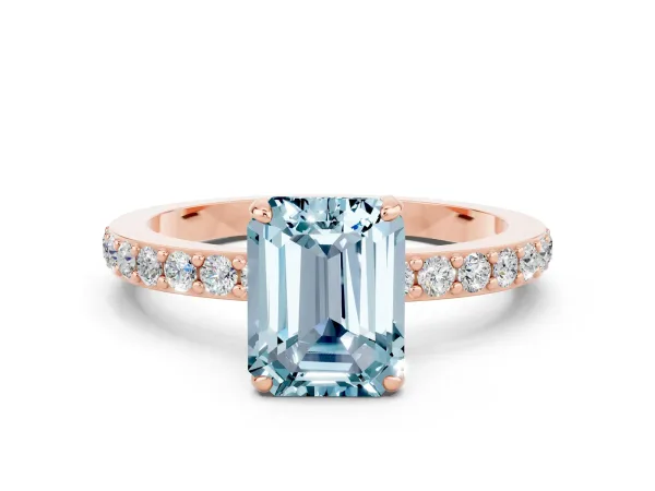 Emerald Cut Aquamarine Solitaire Engagement Ring with Pavé Band and Four-Prong Setting Rose gold