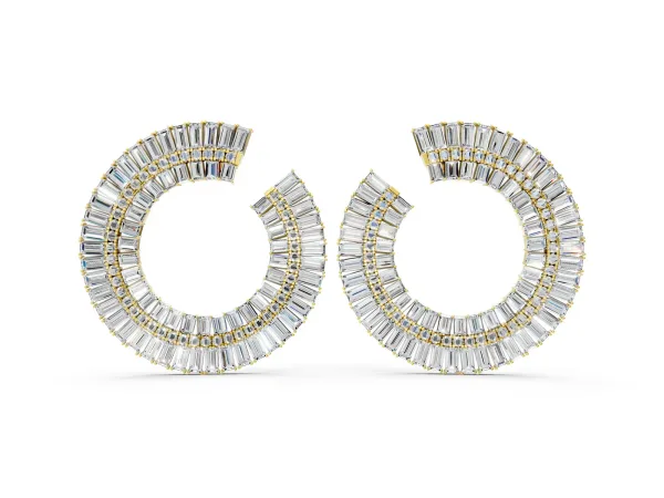 Baguette and Round Diamond Fanned Hoop Earrings Yellow gold