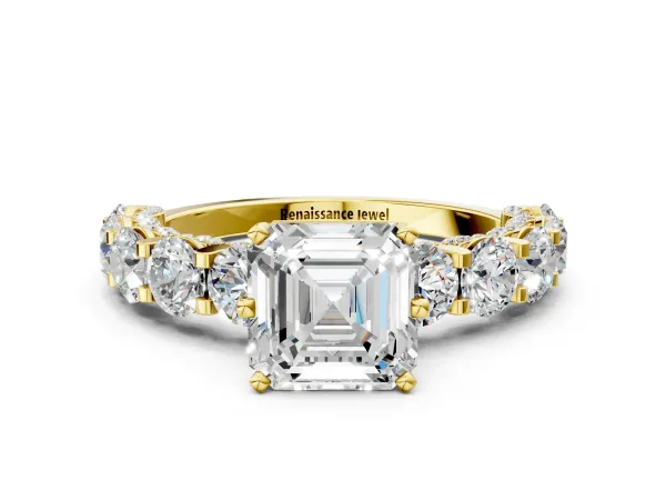 Asscher Cut Diamond Side Stone Engagement Ring with Four-Prong Setting Yellow gold