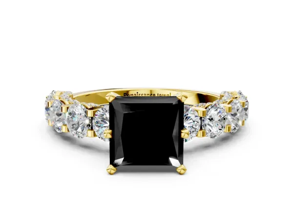 Fancy Black Princess Cut Diamond Side Stone Engagement Ring with Four-Prong Setting Yellow gold