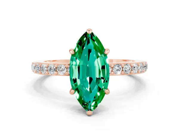 Marquise Cut Emerald Solitaire Engagement Ring with Pavé Band and Four-Prong Setting Rose gold