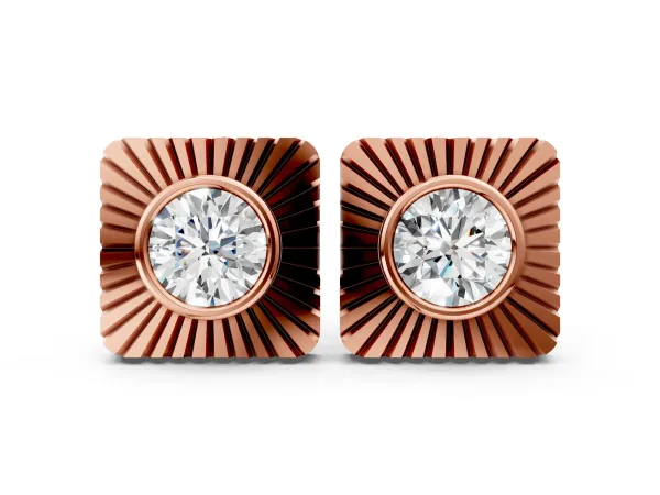 Round Diamond Sunburst Square Stud Earrings Rose gold