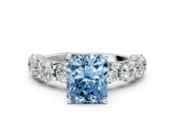 Fancy Blue Radiant Cut Diamond Side Stone Engagement Ring with Four-Prong Setting Silver