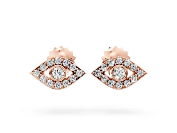 Round Diamond Bezel Center Evil Eye Stud Earrings Rose gold