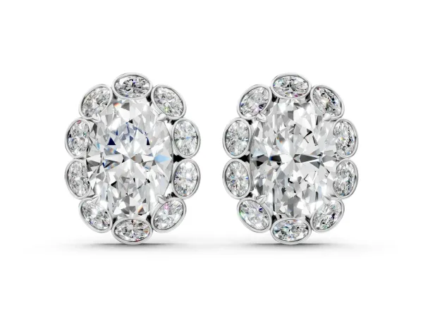 Oval Diamond Halo Stud Earrings with Oval Diamond Accents White gold