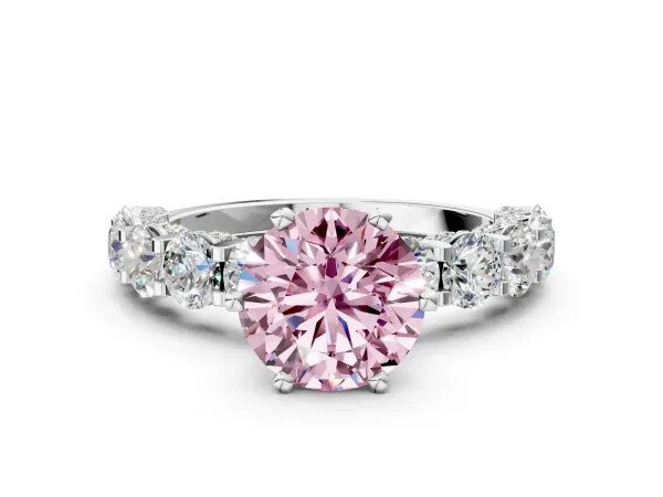 Fancy Pink Round Cut Diamond Side Stone Engagement Ring with Four-Prong Setting White gold