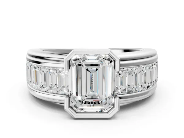 Emerald Cut Diamond Side Stone Engagement Ring Silver