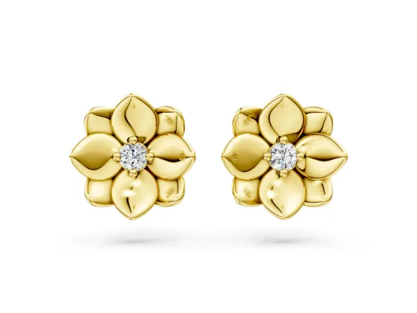 Round Diamond Magnolia Floral Stud Earrings Yellow gold