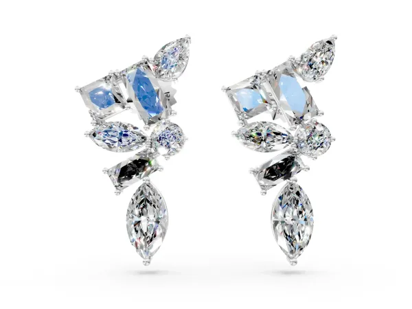 Princess, Baguette, Marquise, Pear and Round Diamond Cluster Stud Earrings Silver