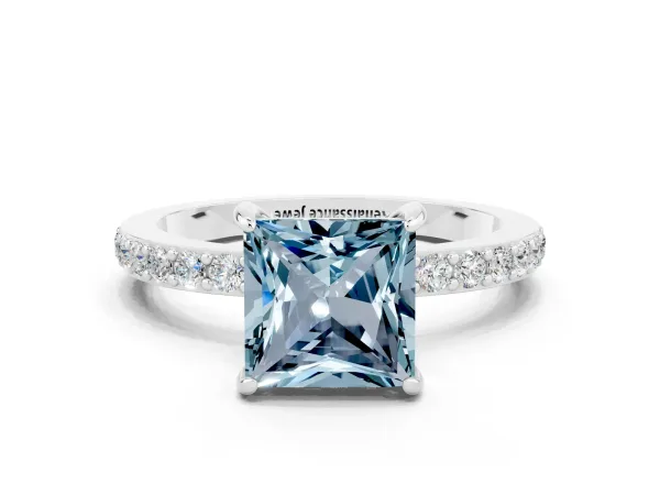 Princess Cut Aquamarine Solitaire Engagement Ring with Pavé Band and Four-Prong Setting Platinum