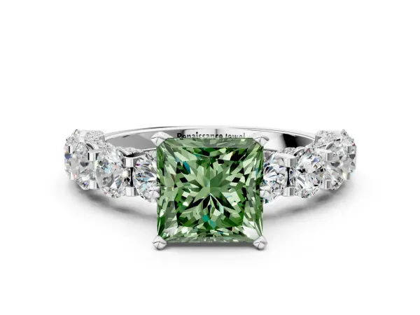 Fancy Green Princess Cut Diamond Side Stone Engagement Ring with Four-Prong Setting White gold