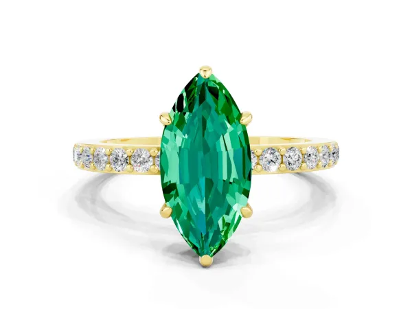 Marquise Cut Emerald Solitaire Engagement Ring with Pavé Band and Four-Prong Setting Yellow gold