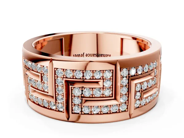 Round Diamond Pavé Greek Key Mens Band Rose gold