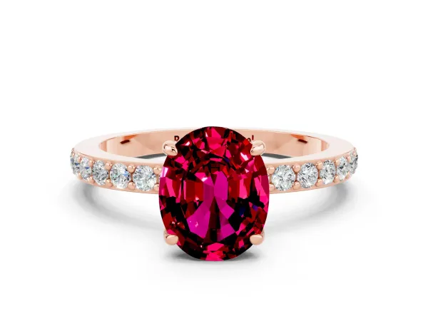 Oval Cut Garnet Solitaire Engagement Ring with Pavé Band and Four-Prong Setting Rose gold