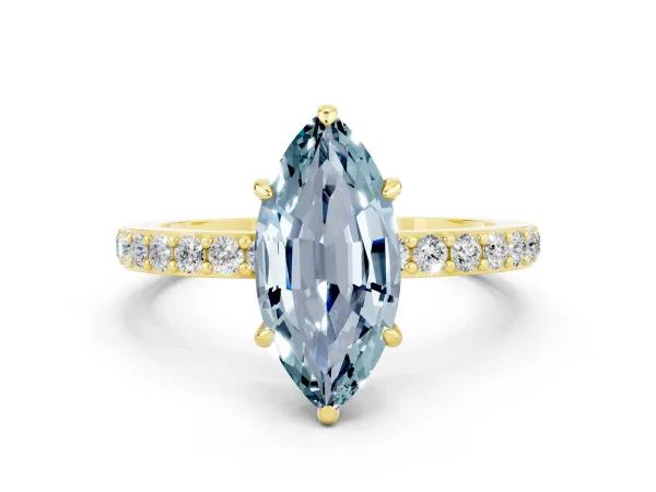 Marquise Cut Aquamarine Solitaire Engagement Ring with Pavé Band and Four-Prong Setting Yellow gold