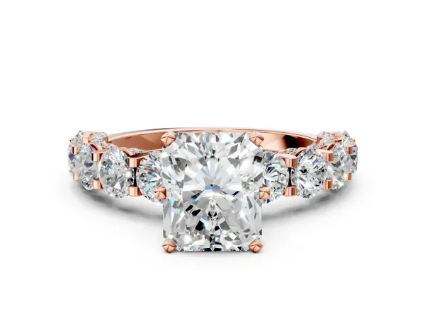 Radiant Cut Diamond Side Stone Engagement Ring with Four-Prong Setting Rose gold