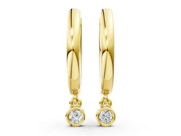 Round Diamond Bezel Drop Huggie Hoop Earrings Yellow gold