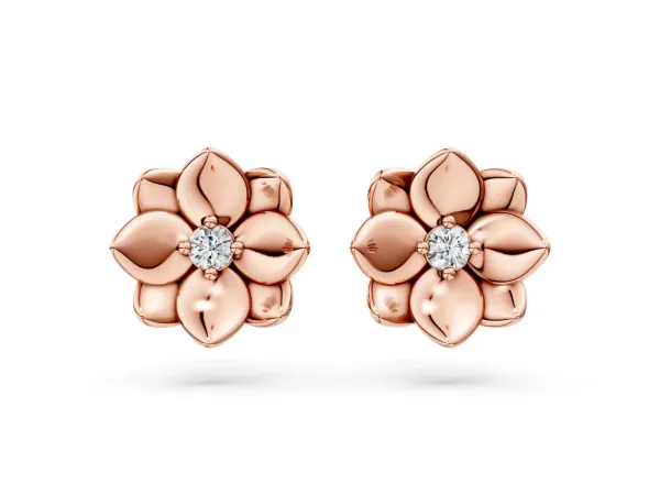 Round Diamond Magnolia Floral Stud Earrings Rose gold
