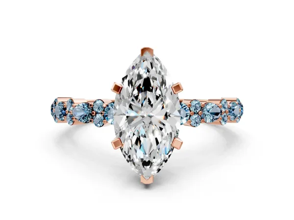 Marquise Cut Diamond Side Stone Solitaire Ring with Round Aquamarine and Four-Prong Setting Rose gold