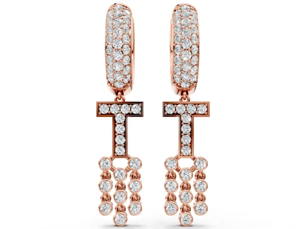 Round Diamond Initial T Huggie Hoop Earrings Rose gold